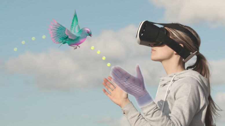 imagen de una mujer joven con gafas de realidad aumentada y guante interactivo intentando tocar un ave