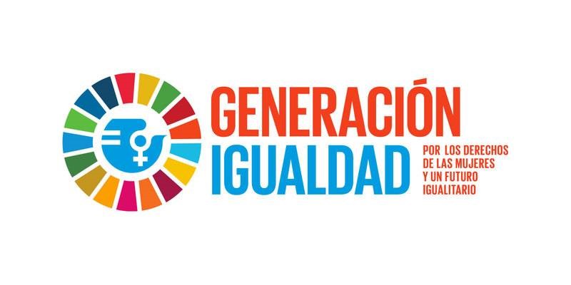Imagen con logo de los 17 Objetivos de desarrollo sostenible, ubicado a la izquierda. En la parte derecha se lee en mayúsculas Generación (en letra roja]) e Igualdad (en letra azul marino)