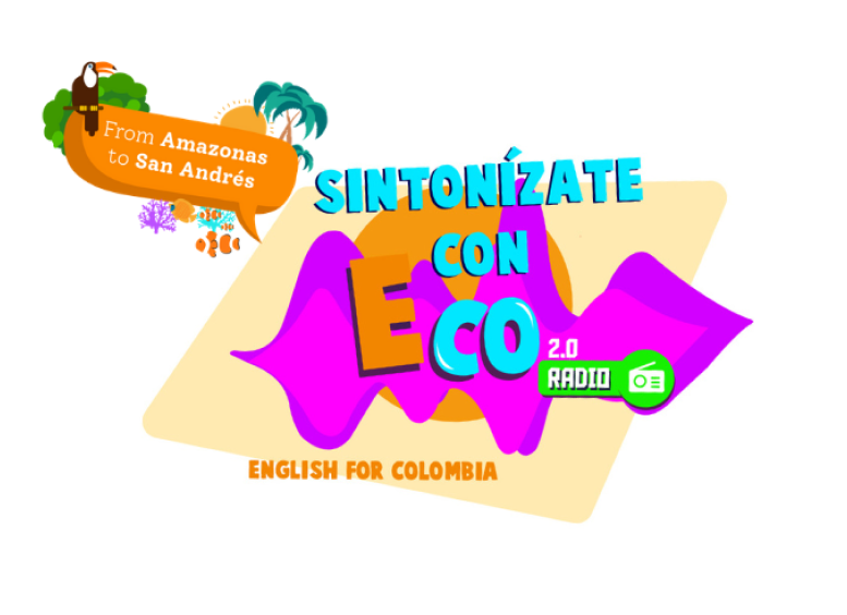 Dibujo de un pájaro con la leyenda From Amazonas to San Andrés, sintonízate con ECO 2.0 English for Colombia