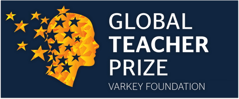Logo del Global Teacher Prize, que es la silueta de una cabeza de perfil en color amarillo de la que salen muchas estrellas.  A la derecha, el texto Global Teacher Prize