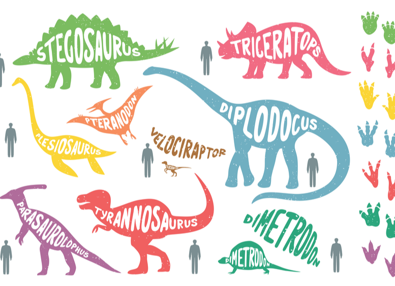 Ilustraciones de dinosaurios coloridos con sus huellas, y sus respectivos nombres.
