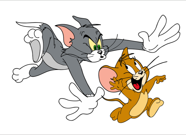Ilustración del cómic de Tom y Jerry. Un gato gris persigue a un ratón café que ríe