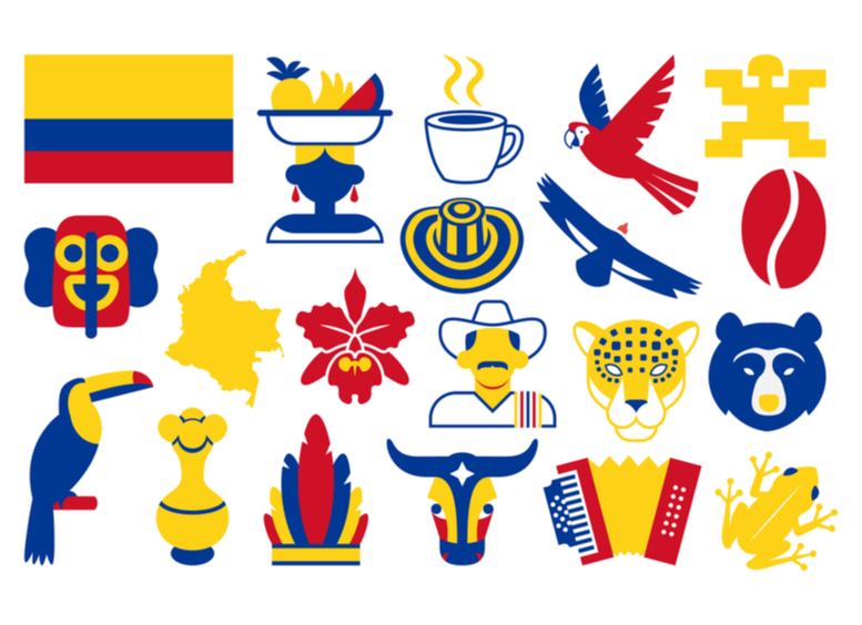 Iconos culturales de diferentes partes de Colombia, como acordeón, tucán, rana, café, sombrero vueltiao, entre otros