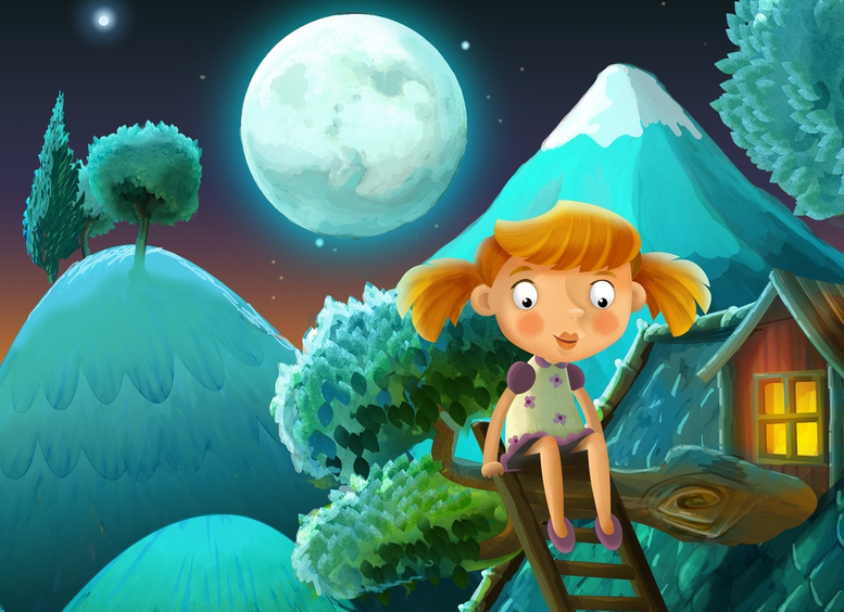 ilustración de una niña sentada en un árbol con la luna y montañas de fondo en la noche