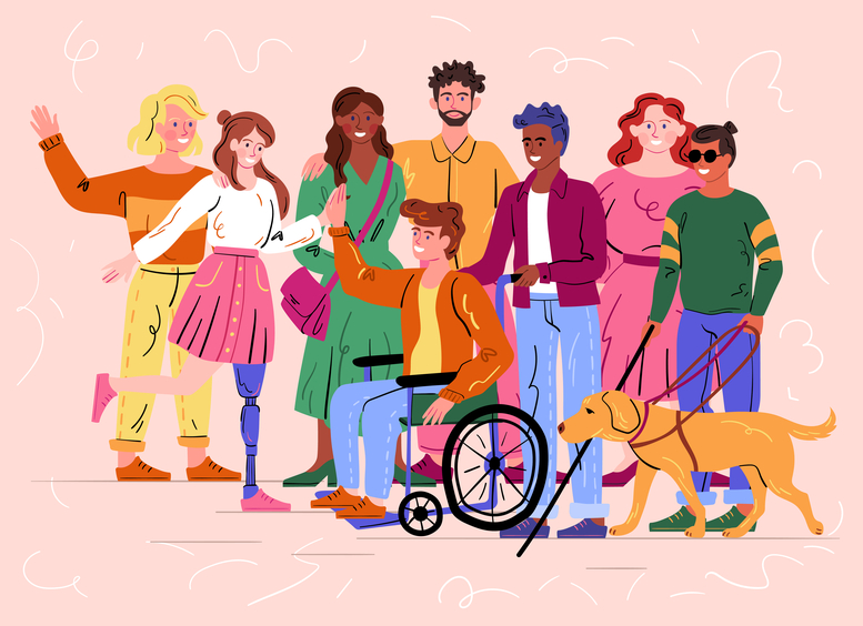 Ilustración de personas con diferentes discapacidades y un perro guia, en un fondo rosado
