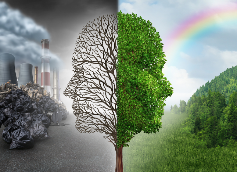 El cambio ambiental y el calentamiento global concepto ambiental como una escena cortada en dos, con la mitad mostrando un árbol muerto como cabeza humana en contaminación y lo contrario con aire y plantas sanas y verdes.
