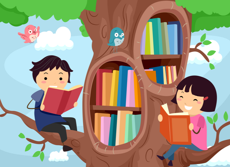 Ilustración de niños leyendo libros y sentados en ramas de árbol