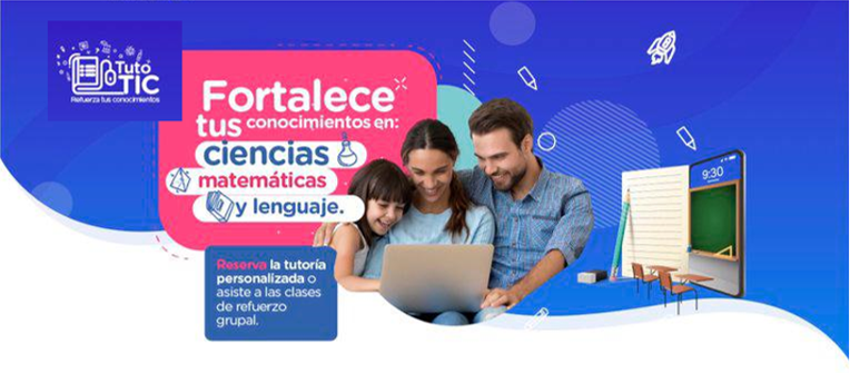 Con TutoTIC reforzamos Ciencias, Lenguaje y Matemáticas Imagen de estudiantes trabajando en un computador. Se usan colores azul, blanco y fucsia