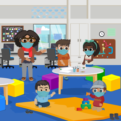 Ilustración niños y niñas jugando en mesa y tapete de salón de clase con docentes y elementos de juego