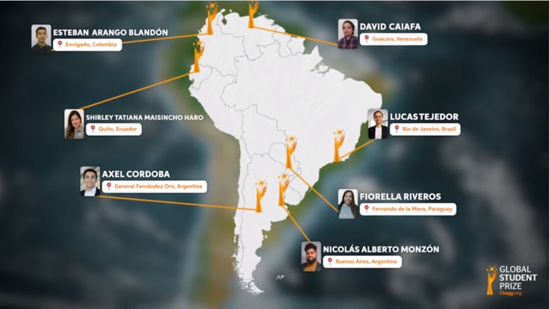 Mapa de Suramérica con las fotos de 7 de los jóvenes seleccionados en el Global Student Prize