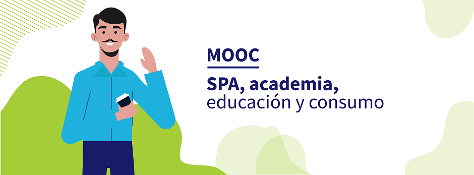 MOOC, SPA, academia, educación y consumo. Ilustración de hombre con mano levantada