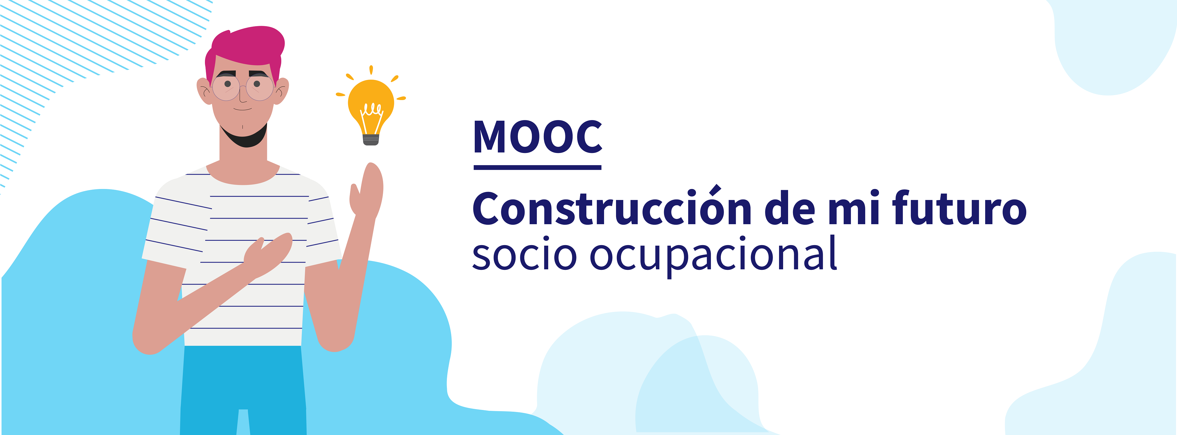 Banner Mooc Construcción de MI Futuro Socio ocupacional- Imagen ilustración hombre (estudiantes) con bombillo en la mano