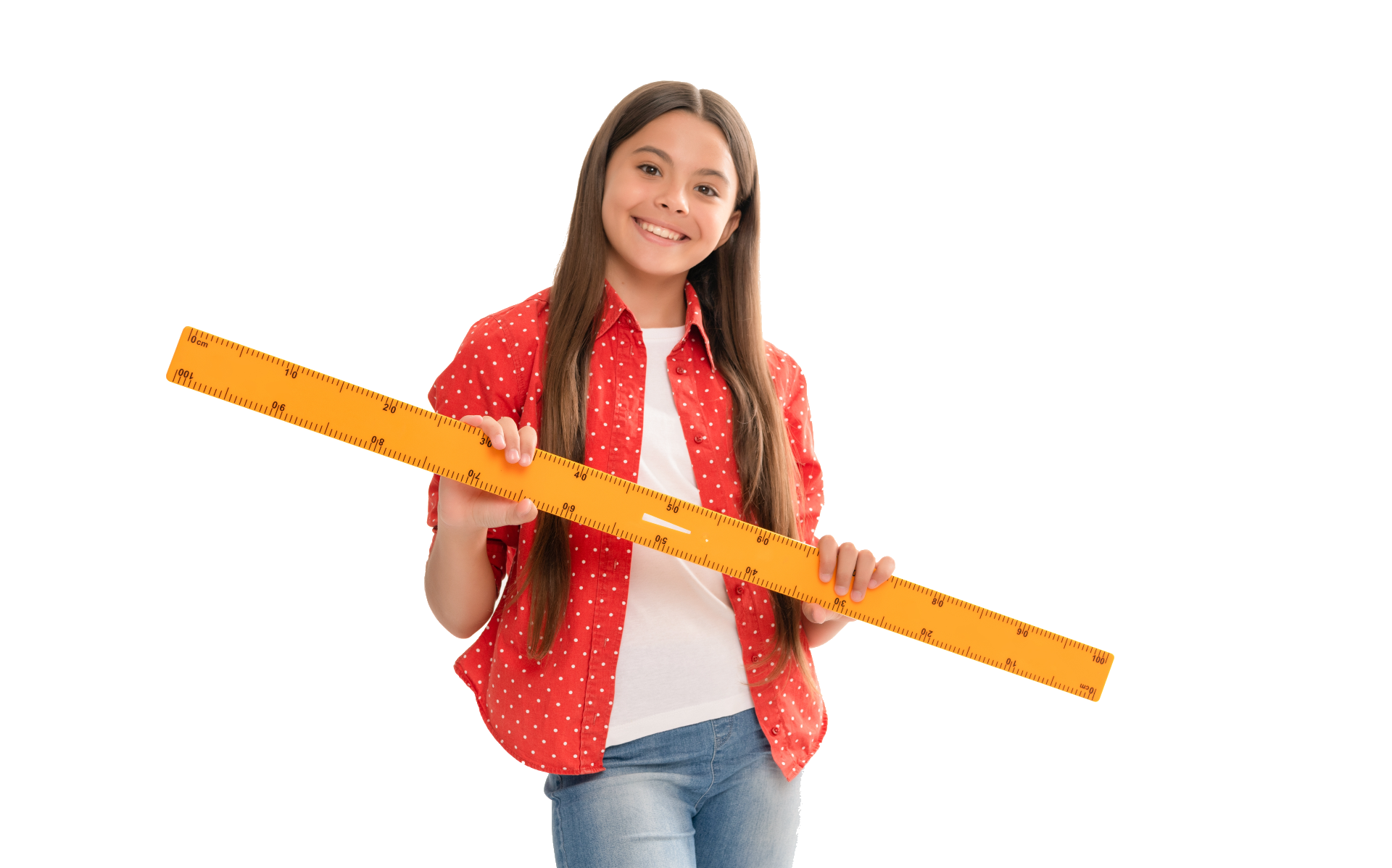 Foto de una niña sonriendo y sosteniendo una regla
