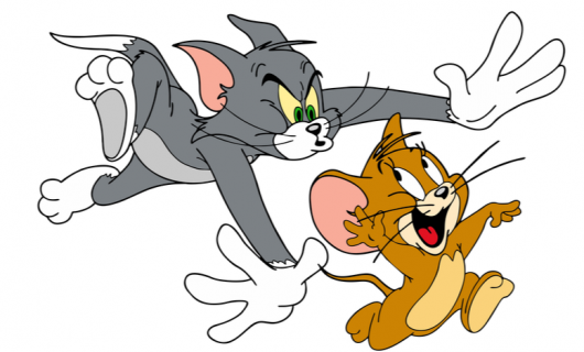 Ilustración del cómic de Tom y Jerry. Un gato gris persigue a un ratón café que ríe