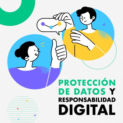 ilustración en la que hay dos personas mirandose y en texto se lee Protección de datos y responsabilidad digital