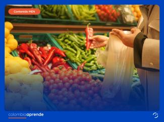 Imagen de frutas y verduras y una mano sosteniendo una bolsa