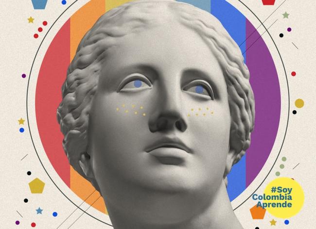 Collage con escultura de mujer y arcoiris de fondo 