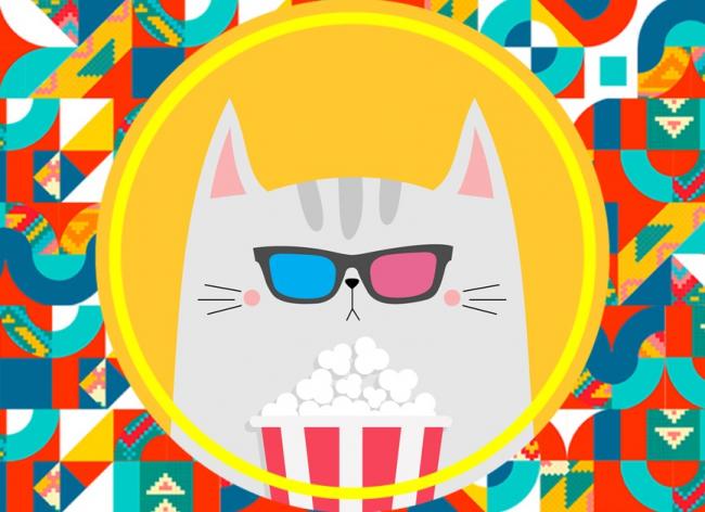 Ilustración de un gato con crispetas con gafas 3D