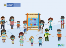 Foto portada ilustración niños, niñas, docentes, familia enlazados con cuerda y tablero que dice Tejiendo Entornos de Calidad