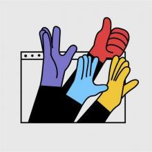 Ilustración de cuatro manos elevadas cada una con guantes de colores rojo, amarillo, morado y azul.