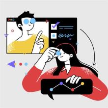 Dos personas, una revisando unas cifras, y otra saliendo de una pantalla