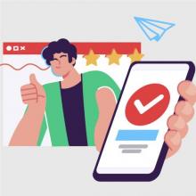 Ilustración de un joven sosteniendo un celular en el que se ve un check