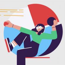 Ilustración de una mujer actuando y de fondo un reloj