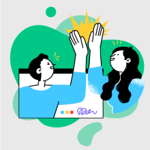Ilustración Hombre y mujer de pelo negro, cada uno con mano levantada, tocando hacia el sol