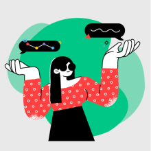 Ilustración Mujer de pelo negro largo, con ambas manos levantadas, sosteniendo paréntesis