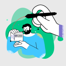 Ilustración Hombre de pelo negro tiene encima una mano con un lapicero y el hombre sostiene una carta