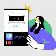 Ilustración Mujer de pelo negro, largo, mostrando una pantalla con símbolos