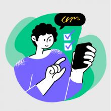 ilustración en la que aparece un joven con el pelo negro, camisa azul que está tocando una tablet, al parecer chateando