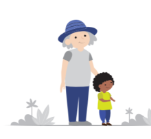 Adulto con sombrero campesino y pelo gris con niño de pelo negro en la ruralidad