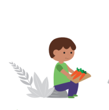 Niño sentado sosteniendo tres zanahorias y una tabla de picar, alrededor de unas ramas