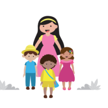 Tres niños campesinos con una mamá, caminando por el campo