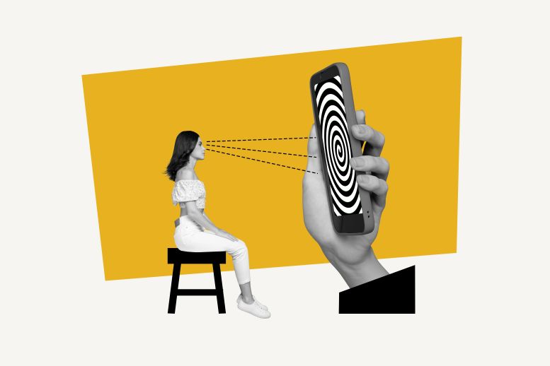 Imagen de una mujer vestida de blanco mirando hipnotizada a una pantalla de celular, con círculos concéntricos, sostenida para una mano gigante