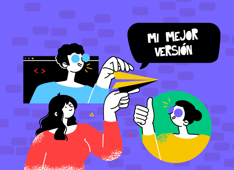 Ilustración de tres personas observándose y un globo de texto que dice: Mi mejor versión