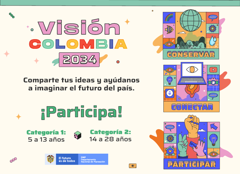 Ilustración Visión Colombia 2034 con las palabras Conservar, Conectar y Participar