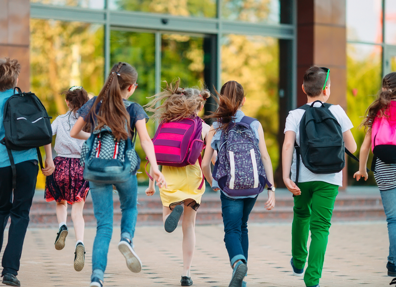 Grupo de niños yendo juntos a la escuela, siete niños de espaldas caminan hacia la puerta del colegio con maletas