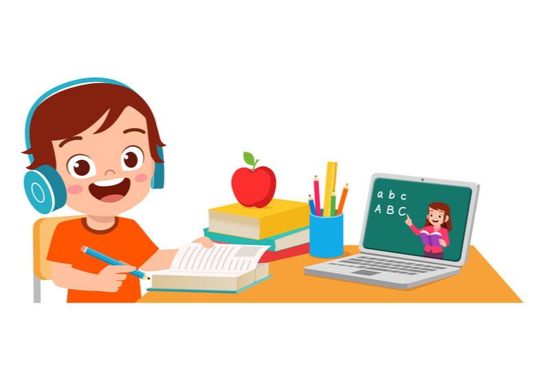 ilustración de niño sonriente estudiando en casa con portátil. 
