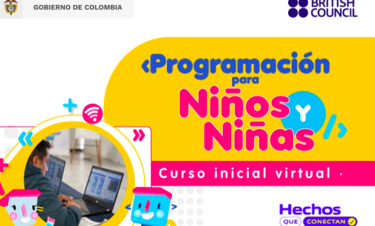 Ecard Programación para niños y niñas cohorte virtual con fotografía de una persona frente al computador. Logos British Council y Gobierno de Colombia