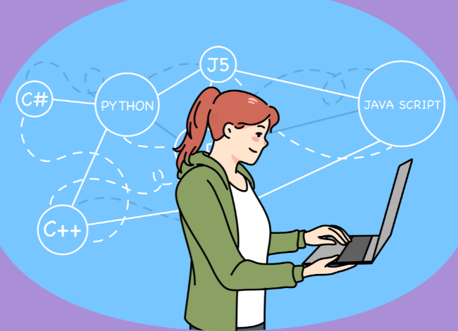Portada colección Enseña programación con los recursos de Pilas Bloque Ilustración mujer sosteniendo computador y alrededor palabras de lenguajes de programación