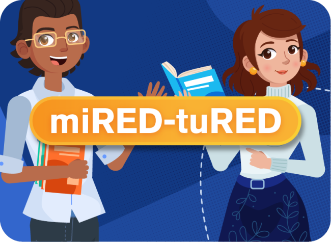 Portada miRED - tuRED - Recursos Educativos Digitales de Profesores para Profesores - Online - Offline Imagen con dos personajes animados sonriendo a la camara y con libros en sus manos.