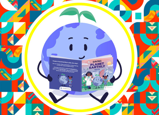 Portada Colección Aprende soluciones al cambio climático con ClimateScience Ilustración planeta con libro