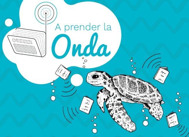 Portada Colección A prender la Onda Logo A prender la Onda. Fondo verde, tortuga y ondas radiales