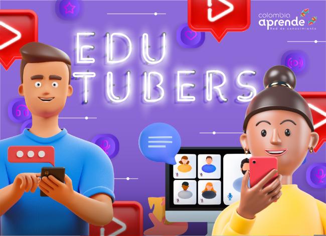 Portada Colección Comunidad de Edutubers colombianos Ilustración de mujer y hombre con elementos tecnológicos