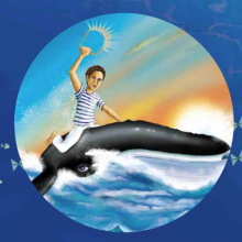 Ilustración niño en mar con ballena Ilustración niño en mar con ballena